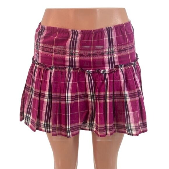 Vintage Old Navy Pink Plaid Tiered Ruffle Hem Mini Skirt - Picture 7 of 13